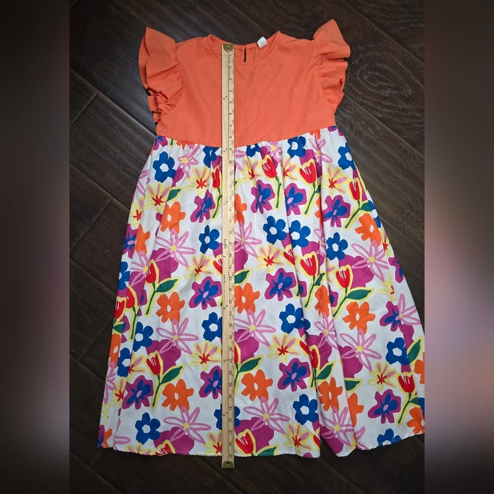 Shein Girls Floral Orange Flutter Fleeve Casual Dress 11-12Y